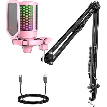 FIFINE USB Microphone Gaming kit, RGB Condensateur Microphone pour Ordinateur PC PS5, avec Bouton de Silence, Fixation Antichoc,