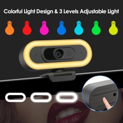 W4LS 2K Webcam, HD Webcam avec Microphone, 2K/50FPS, éclairage Circulaire, Autofocu, Réduction du Bruit, Correction de la Lumièr