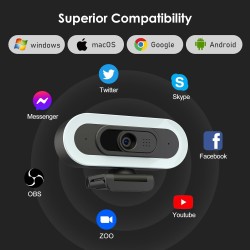 W4LS 2K Webcam, HD Webcam avec Microphone, 2K/50FPS, éclairage Circulaire, Autofocu, Réduction du Bruit, Correction de la Lumièr