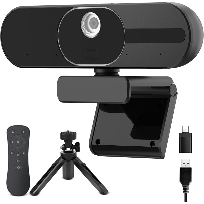 V21 4K Webcam avec Haut Microphone et Haut - parleurs, Réduction du Bruit, Autofocus, Télécommand, 112° View, Correction de la L