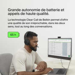 Belkin soundform adapt casque bleutooth sans fil avec micro, connexion multipoint, autonomie 65h, enc, bleutooth ou câble, casqu