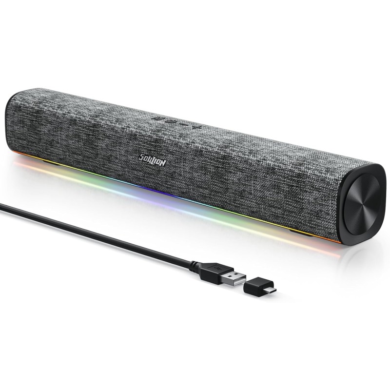Soulion r100 enceinte pc, bleutooth barre de son pc avec synchronisation/affichage audio-lumière, pour pc, tablette, smartphone,