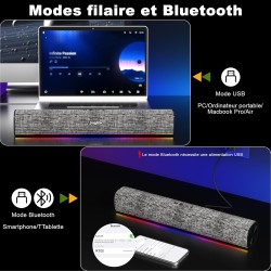 Soulion r100 enceinte pc, bleutooth barre de son pc avec synchronisation/affichage audio-lumière, pour pc, tablette, smartphone,