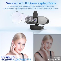 Webcam 4K UHD avec Autofocus Ultra-Rapide PDAF+CDAF, 1080P@60FPS, Microphones à Réduction de Bruit, Lumière Auto-Adaptée, USB Pl