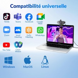 Webcam 4K, Webcam UHD 1080p @ 60 fps, autofocus PDAF + CDAF, Cache de confidentialité et trépied, Plug & Play, Correction Automa