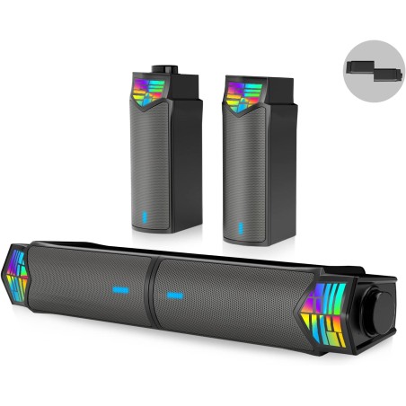 Smalody haut-parleur pc, détachable 2 en 1, haut-parleurs stéréo bleutooth, conception led rvb dynamique et cool, compatible ave
