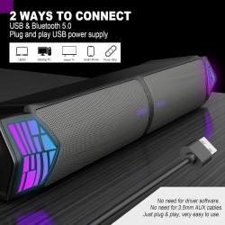 Smalody haut-parleur pc, détachable 2 en 1, haut-parleurs stéréo bleutooth, conception led rvb dynamique et cool, compatible ave