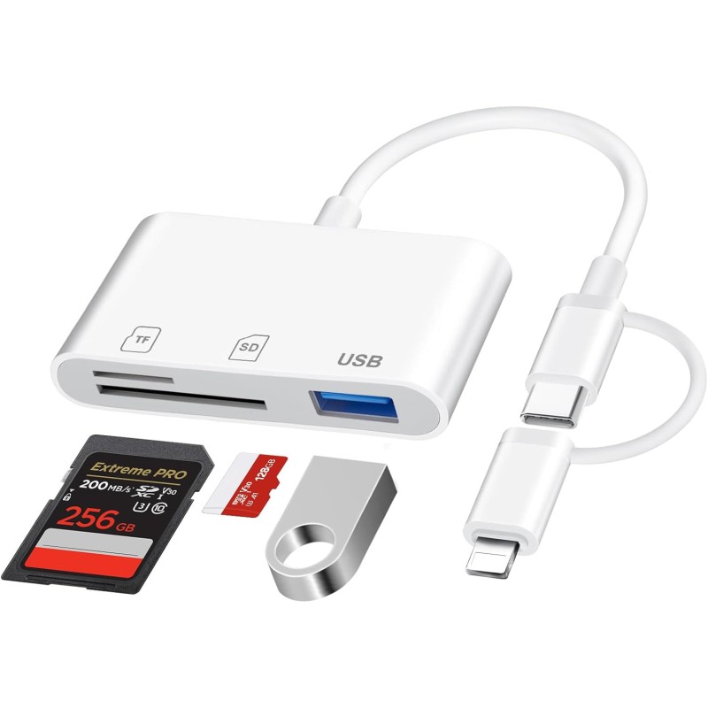 Lecteur Carte SD pour iPhone [Certifié Apple MFi] 3 en 2 Adaptateur Carte SD USB C Lightning vers SD/Micro SD/USB, Adaptateur de