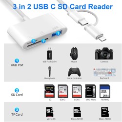 Lecteur Carte SD pour iPhone [Certifié Apple MFi] 3 en 2 Adaptateur Carte SD USB C Lightning vers SD/Micro SD/USB, Adaptateur de