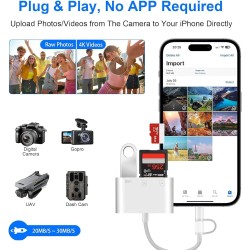 Lecteur Carte SD pour iPhone [Certifié Apple MFi] 3 en 2 Adaptateur Carte SD USB C Lightning vers SD/Micro SD/USB, Adaptateur de