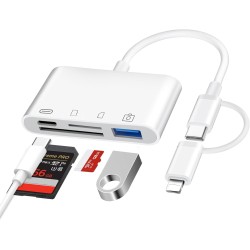 4 en 1 Lecteur Carte SD pour iPhone iPad, USB C Lightning Adaptateur Carte SD avec SD/TF/USB OTG/Chargement Slot, Lecteurs de Ca
