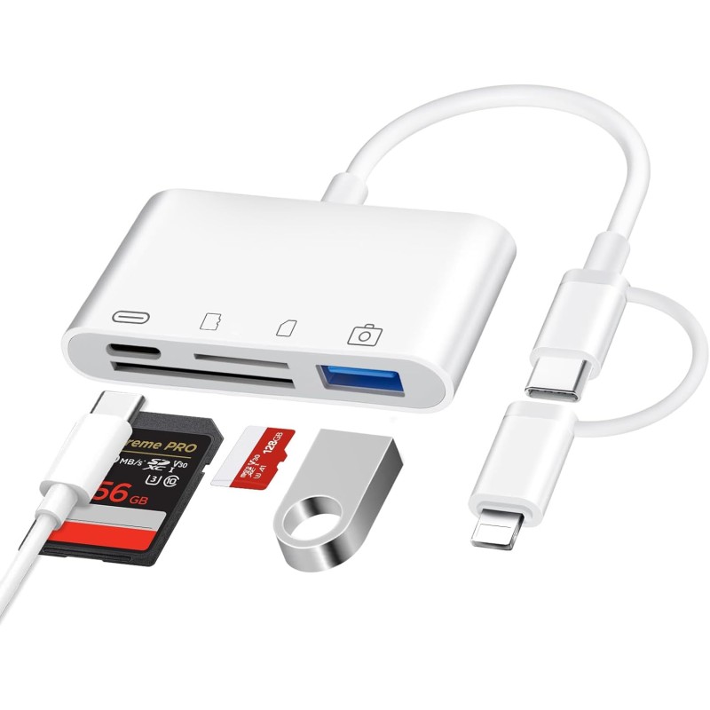 4 en 1 Lecteur Carte SD pour iPhone iPad, USB C Lightning Adaptateur Carte SD avec SD/TF/USB OTG/Chargement Slot, Lecteurs de Ca