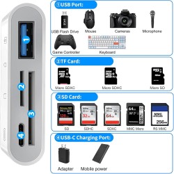 4 en 1 Lecteur Carte SD pour iPhone iPad, USB C Lightning Adaptateur Carte SD avec SD/TF/USB OTG/Chargement Slot, Lecteurs de Ca