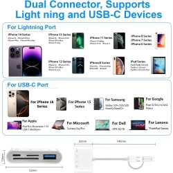 4 en 1 Lecteur Carte SD pour iPhone iPad, USB C Lightning Adaptateur Carte SD avec SD/TF/USB OTG/Chargement Slot, Lecteurs de Ca