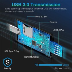 Vanja USB 3.0 Lecteur Cartes SD, Type C/USB 3.0, Adaptateur Carte SD/Micro SD pour Computer/Laptop/Camera/PC/Android Phone,Adapt
