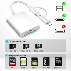 Lecteur Carte SD pour iPhone iPad, USB C & Lightning Adaptateur Carte SD pour Micro SD/SD, Lecteurs Carte Mémoire Externes pour 
