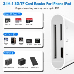 [Apple MFi Certified] Lecteur de Carte SD pour iPhone iPad - 3 en 1 Adaptateur de Carte SD pour Micro SD/SD/Charge de Type-C - A