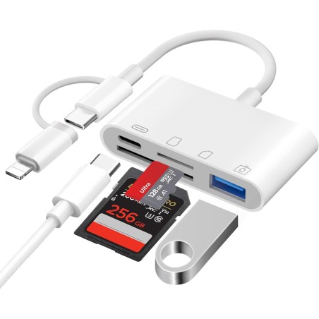 [Apple MFi Certified] 4 en 1 Lecteur Carte SD pour iPhone iPad, Adaptateur Cartes SD USBC Lightning vers SD/Micro SD/USB/Chargin