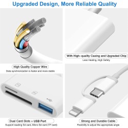 Lecteur de carte SD/Adaptateur 3-en-2 pour iPhone 15/14/Pro Max/Pro/Plus, iPad Pro, MacBook Pro/MacBook Air