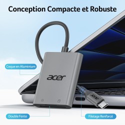acer Lecteur de Carte SD USB C, Adapateur Carte Mémoire MicroSD USB C 5Gbps, Simultané à Lire et Écrire pour SD/Micro SD/SDHC/SD