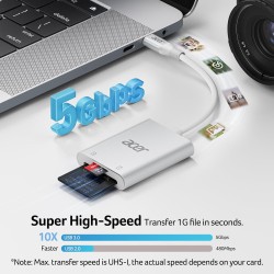acer Lecteur de Carte SD USB C, Adapateur Carte Mémoire MicroSD USB C 5Gbps, Simultané à Lire et Écrire pour SD/Micro SD/SDHC/SD