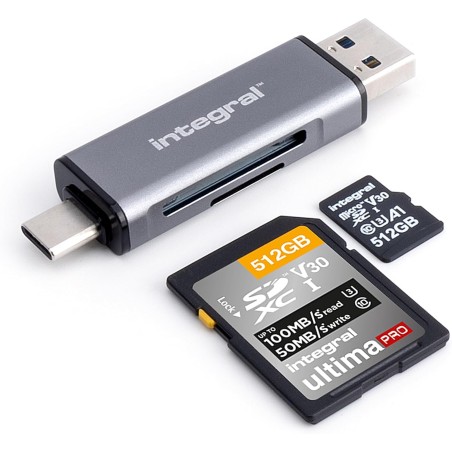 Integral adaptateur lecteur de cartes mémoire microSD & SD - Double connecteur USB 3.0 & USB-C - Compatible avec iPhone 15/16 Pl