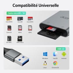 Acer Lecteur de Carte SD USB 3.0 avec câble, Lecteur de Carte mémoire pour Appareil Photo en Aluminium UHS-I, Adaptateur Micro S