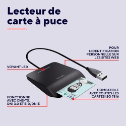 Trust Lecteur DNI, Compatible avec Toutes Les Cartes DNI, Conforme FIPS 201, FIPS TAA et ISO 7816 Classe A, B, C, câble de 100 c