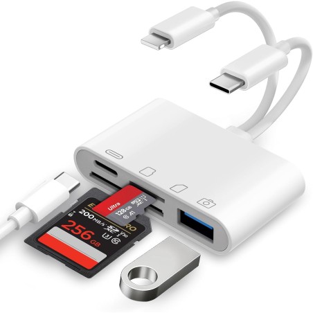 [Apple MFi Certified] Lecteur Cartes SD pour iPhone, 4en1 Lecteur de Carte Mémoire USBC Lightning vers SD/Micro SD/USB/Charging,