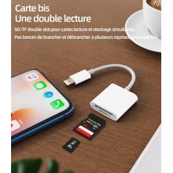 Adaptateur Lecteur Carte SD iPhone(2en1)lightning Jack Micro SD Mémoire Externes Accessoire Mini Caméra SD Card Reader Clé Switc