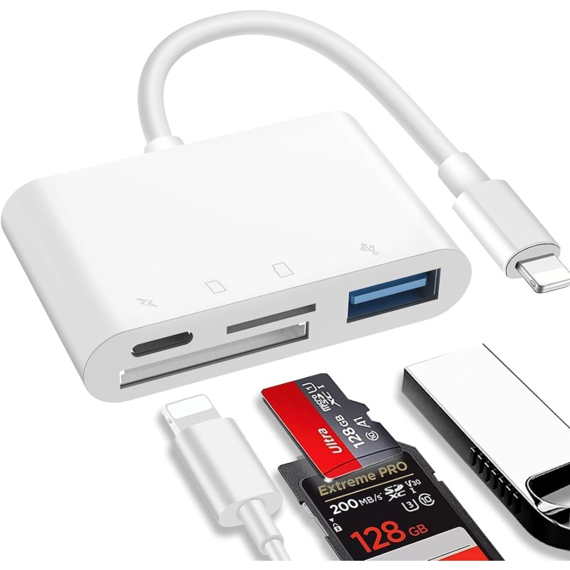Lecteur de carte SD 4 en 1 pour iPhone et iPad, lecteur de carte mémoire pour iPhone 14/13/12/11/X/XS/XR/8/7 iPad, Plug and Play