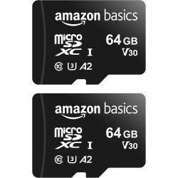 Amazon Basics Carte Mémoire MicroSDXC, avec Adaptateur SD, A2, U3, vitesse de lecture maximale de 100 Mb/s, 64 GB (lot de 2), No