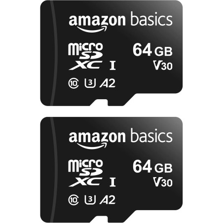 Amazon Basics Carte Mémoire MicroSDXC, avec Adaptateur SD, A2, U3, vitesse de lecture maximale de 100 Mb/s, 64 GB (lot de 2), No
