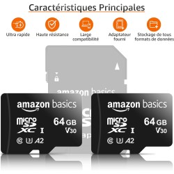 Amazon Basics Carte Mémoire MicroSDXC, avec Adaptateur SD, A2, U3, vitesse de lecture maximale de 100 Mb/s, 64 GB (lot de 2), No