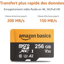 Amazon Basics Carte microSDXC 256 Go avec Adaptateur, Vitesse de Lecture jusqu’à 200 Mo/s, Lot de 1