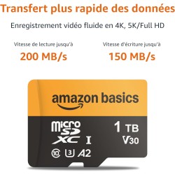 Amazon Basics Carte microSDXC de 1 To avec Adaptateur, Vitesse de Lecture jusqu’à 200 Mo/s, Lot de 1