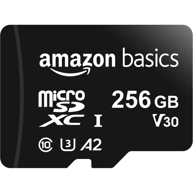 Amazon Basics Carte Mémoire microSDXC avec Adaptateur Grande Taille, A2, U3, Vitesse de Lecture Jusqu’à 100Mbit/s, 256Go, Noir