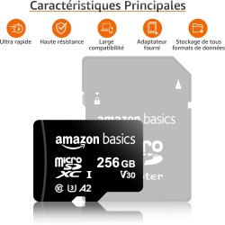 Amazon Basics Carte Mémoire microSDXC avec Adaptateur Grande Taille, A2, U3, Vitesse de Lecture Jusqu’à 100Mbit/s, 256Go, Noir