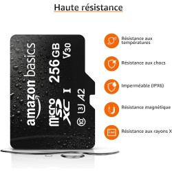 Amazon Basics Carte Mémoire microSDXC avec Adaptateur Grande Taille, A2, U3, Vitesse de Lecture Jusqu’à 100Mbit/s, 256Go, Noir