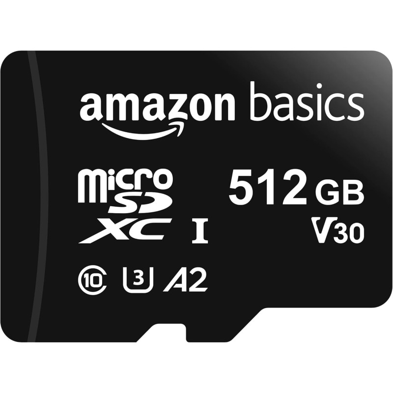 Amazon Basics Carte Mémoire microSDXC avec Adaptateur Grande Taille, A2, U3, Vitesse de Lecture Jusqu’à 100Mbit/s, 512Go, Noir