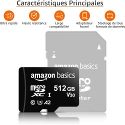 Amazon Basics Carte Mémoire microSDXC avec Adaptateur Grande Taille, A2, U3, Vitesse de Lecture Jusqu’à 100Mbit/s, 512Go, Noir