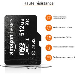 Amazon Basics Carte Mémoire microSDXC avec Adaptateur Grande Taille, A2, U3, Vitesse de Lecture Jusqu’à 100Mbit/s, 512Go, Noir
