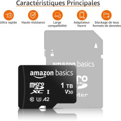 Amazon Basics Carte Mémoire MicroSDXC, 1 TB, avec Adaptateur SD, A2, U3, vitesse de lecture maximale de 100 Mo/s, Noir
