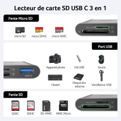 acer Lecteur de Cartes SD avec USB 3.0, 3 en 1 USB C SD Card Reader 3.0, Adapateur pour SD/Micro SD/SDHC/SDXC/MMC, Compatible av