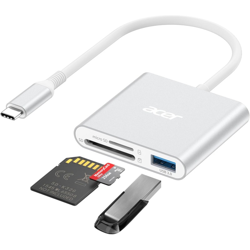 acer Lecteur de Cartes SD avec USB 3.0, 3 en 1 USB C SD Card Reader 3.0, Adapateur pour SD/Micro SD/SDHC/SDXC/MMC, Compatible av