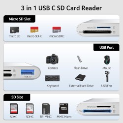 acer Lecteur de Cartes SD avec USB 3.0, 3 en 1 USB C SD Card Reader 3.0, Adapateur pour SD/Micro SD/SDHC/SDXC/MMC, Compatible av