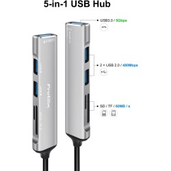 5 en 1 Adaptateur 1 USB 3.0 et 2 USB 2.0, Multiport Hub Lecteurs de Carte Mémoire pour SD/Micro SD/MMC/TF/SDXC/SDHC etc.