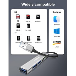 5 en 1 Adaptateur 1 USB 3.0 et 2 USB 2.0, Multiport Hub Lecteurs de Carte Mémoire pour SD/Micro SD/MMC/TF/SDXC/SDHC etc.