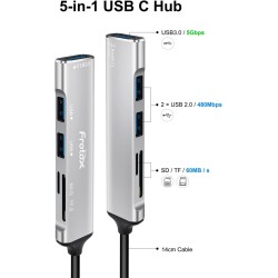 Lecteur de Carte SD/Micro SD, 5 en 1 Adaptateur USB C avec Lecteur de Carte SD/TF, 1 USB 3.0 et 2 USB 2.0, Multiport Hub USB C L