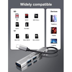 Lecteur de Carte SD/Micro SD, 5 en 1 Adaptateur USB C avec Lecteur de Carte SD/TF, 1 USB 3.0 et 2 USB 2.0, Multiport Hub USB C L